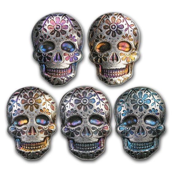 2 oz Hand Poured Silver Skull - Day of the Dead: Marigold 2 oz Hand Poured Silver Skull - Day of the Dead: Marigold